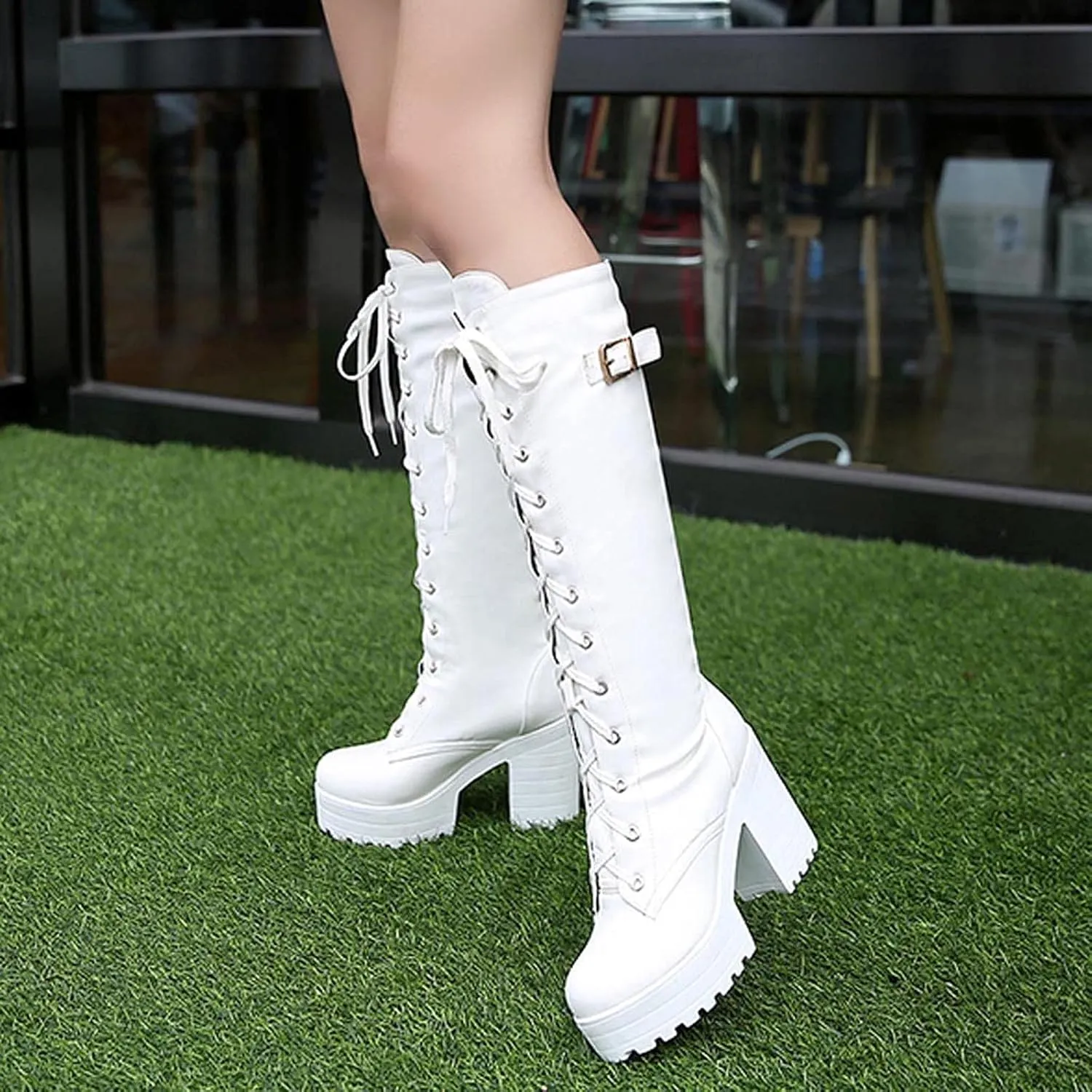 Knee High Boots Women Waterproof Winter Boots for Women 2024 Lace-Up Boots High Heel Chunky Boots Shoes Booties