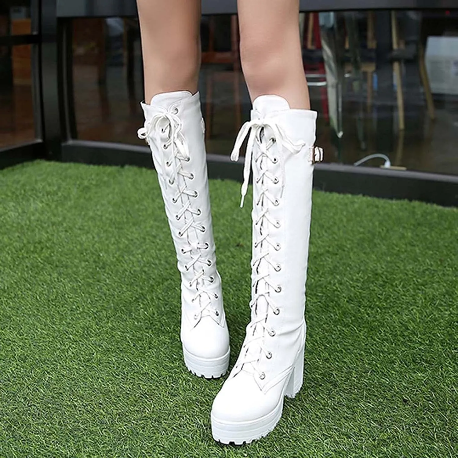 Knee High Boots Women Waterproof Winter Boots for Women 2024 Lace-Up Boots High Heel Chunky Boots Shoes Booties