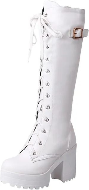 Knee High Boots Women Waterproof Winter Boots for Women 2024 Lace-Up Boots High Heel Chunky Boots Shoes Booties