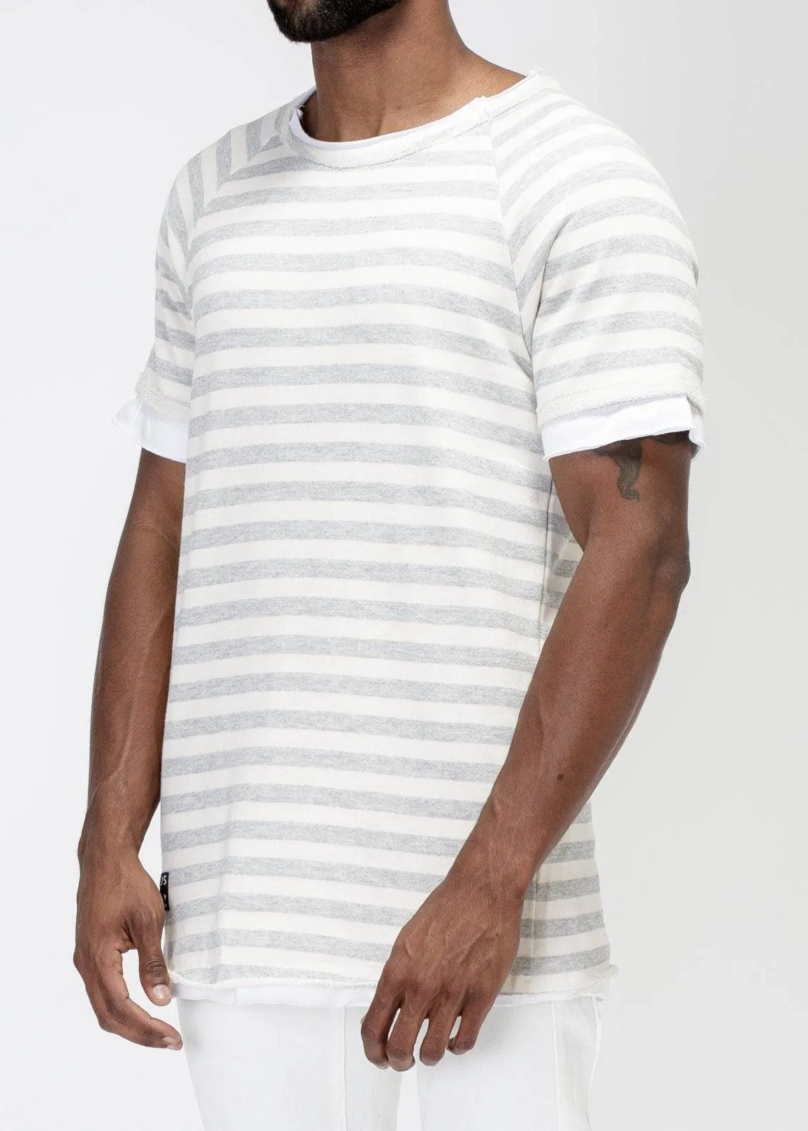 Konus Men's Layered SS French Terry Tee in Natural Stripe