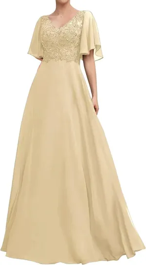 Lace Appliques Mother of The Bride Dresses Ruffle Sleeves Prom Dress Long Chiffon Evening Gown for Wedding