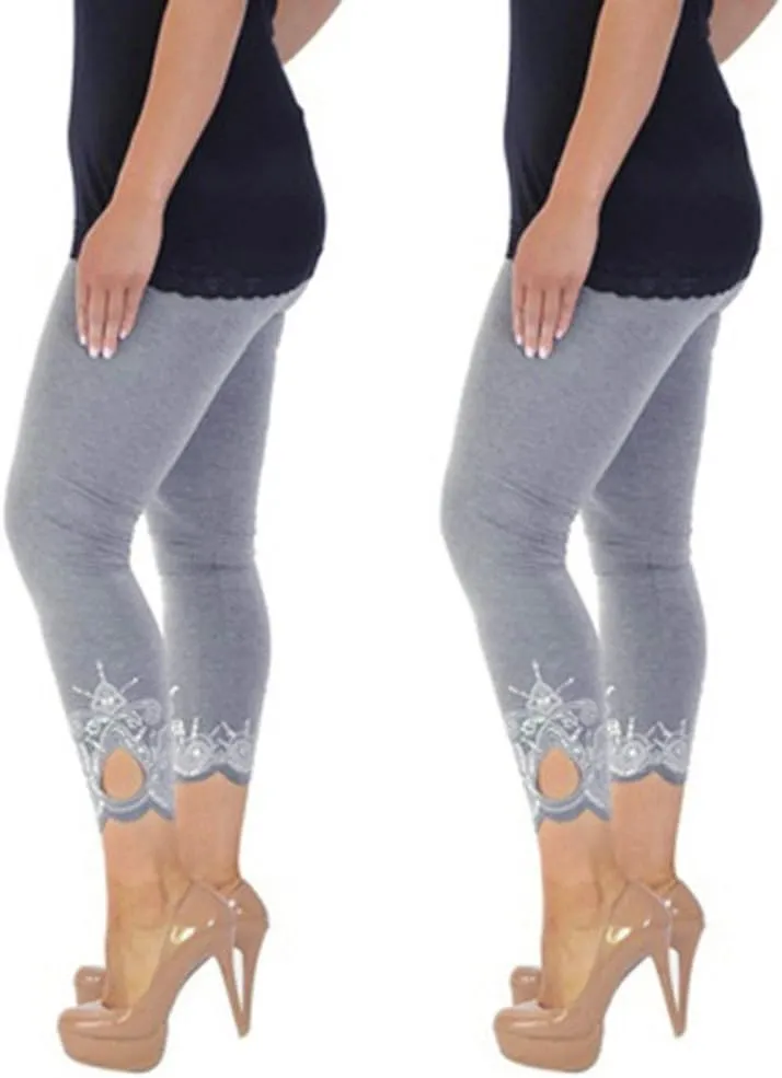 Lace Leggings for Women Capri Jean Leggings High Waisted Yoga Pants Stretch Tights Summer Cropped Trousers Plus Size