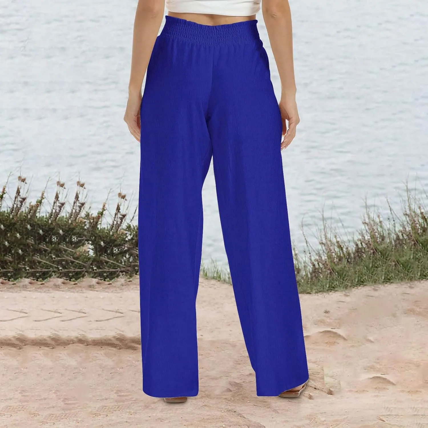 Lastesso Linen Pants Women Trendy High Waist Wide Leg Trousers with Pockets Loose Comfy Cotton Linen Lounge Homewaer Pants