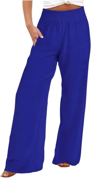 Lastesso Linen Pants Women Trendy High Waist Wide Leg Trousers with Pockets Loose Comfy Cotton Linen Lounge Homewaer Pants
