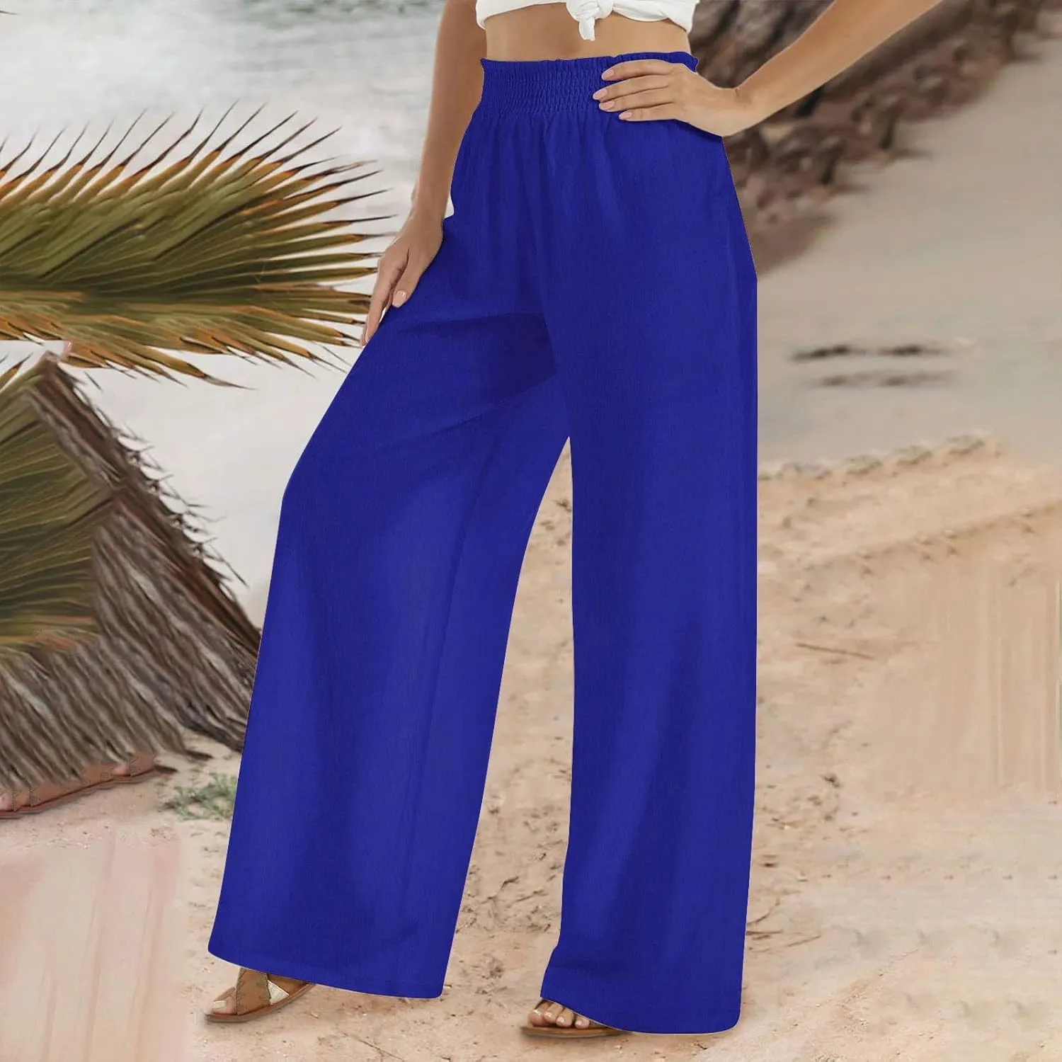 Lastesso Linen Pants Women Trendy High Waist Wide Leg Trousers with Pockets Loose Comfy Cotton Linen Lounge Homewaer Pants