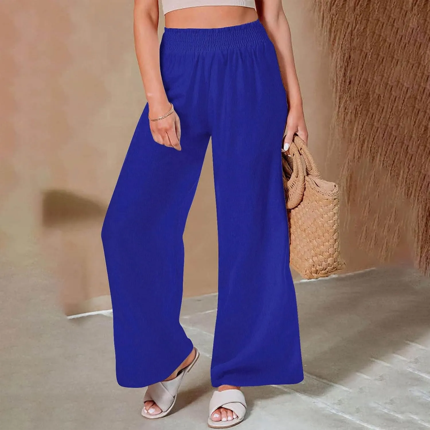 Lastesso Linen Pants Women Trendy High Waist Wide Leg Trousers with Pockets Loose Comfy Cotton Linen Lounge Homewaer Pants