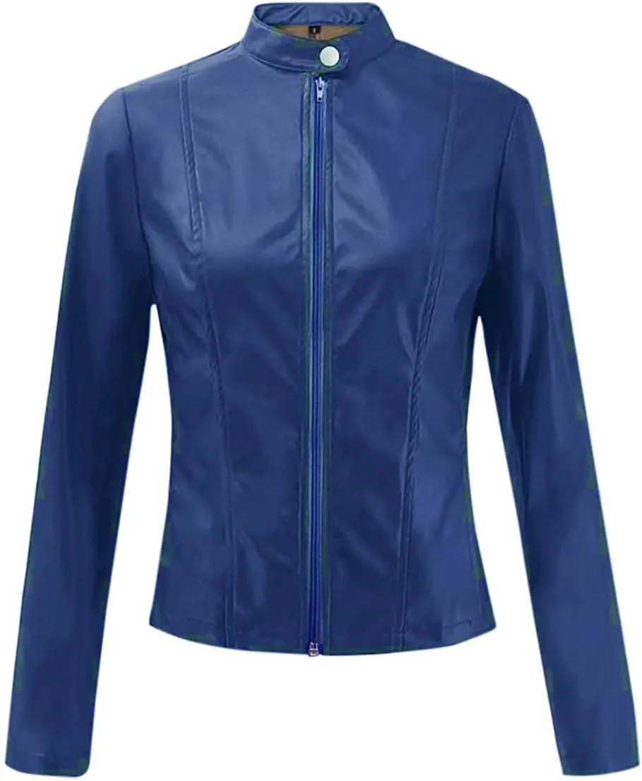 LCMTWX Leather Jacket Full Zip Snap Stand Collar Long Sleeve Outwear Cool Slim Jacket Coat for Vacation Brown Jacket Biker