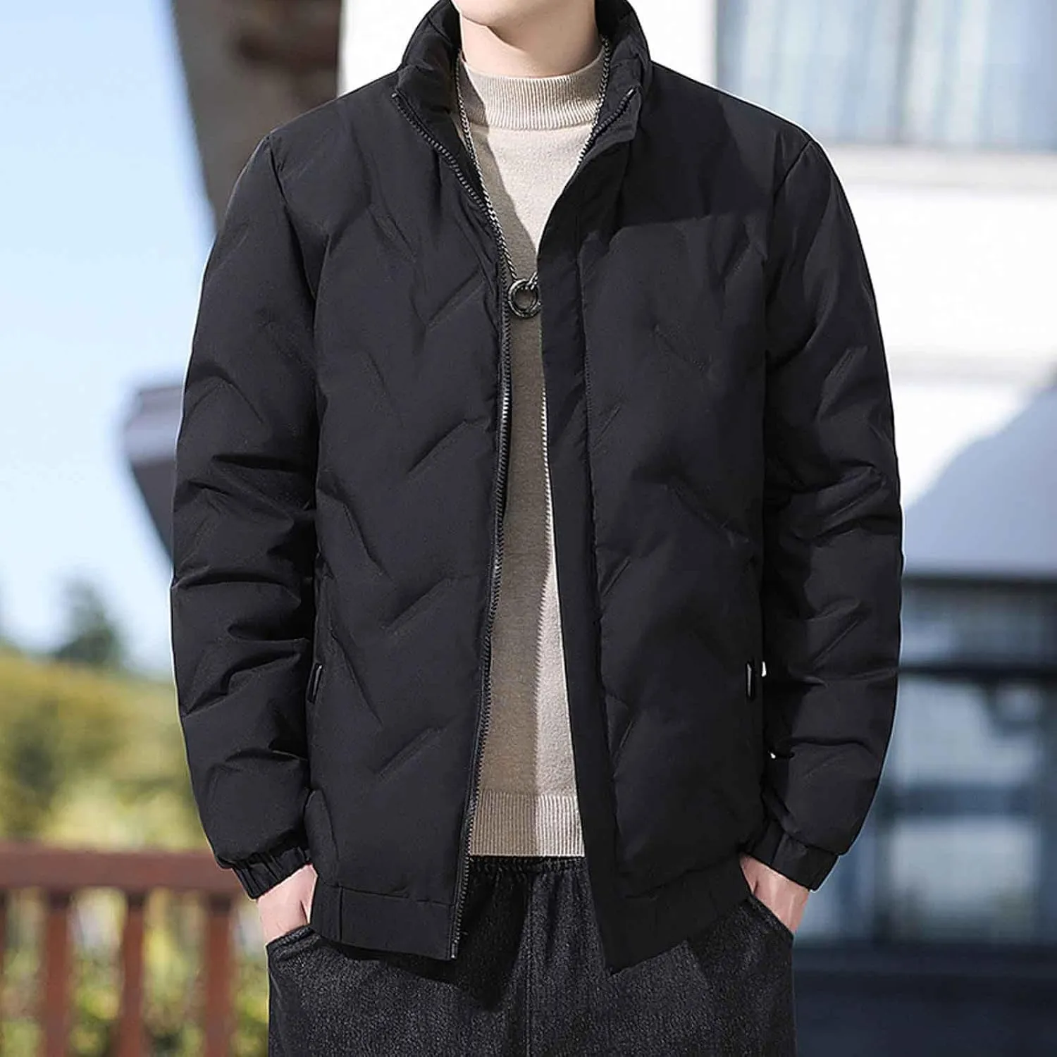 lcziwo Mens Puffer Quilted Jacket Lightweight Stand Collar Zip up Casual Padded Cotton Jacket Winter Coat Outerwear