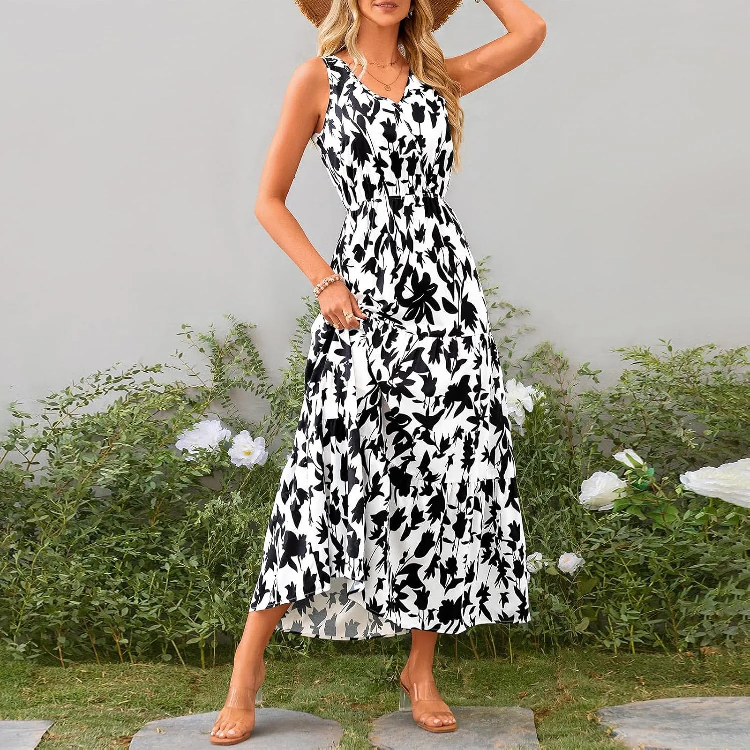 Leaf Print Ruffle Hem Belted Dress for Women V-Neck Vacation Ruffle Sleeve Party Formal Dress for Spring Summer