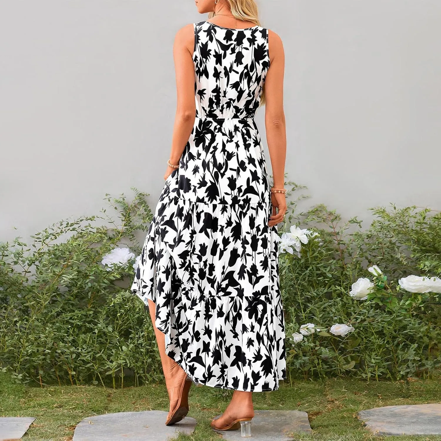 Leaf Print Ruffle Hem Belted Dress for Women V-Neck Vacation Ruffle Sleeve Party Formal Dress for Spring Summer