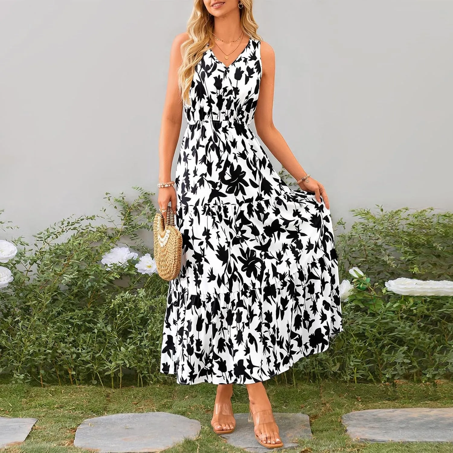 Leaf Print Ruffle Hem Belted Dress for Women V-Neck Vacation Ruffle Sleeve Party Formal Dress for Spring Summer