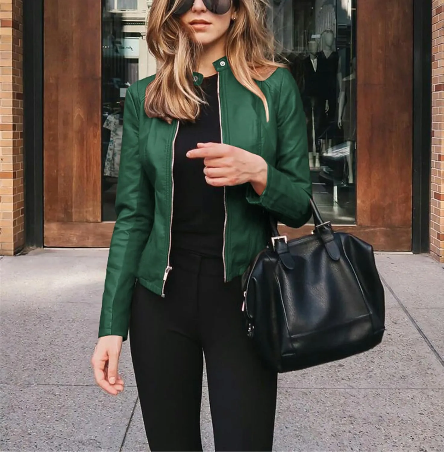 Leather Jacket for Women 2024 Fall Cropped Zip Up Motorcycle Jacket Lightweight Slim Solid Color Coat Outwear