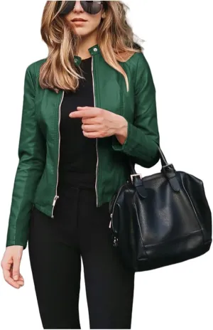 Leather Jacket for Women 2024 Fall Cropped Zip Up Motorcycle Jacket Lightweight Slim Solid Color Coat Outwear