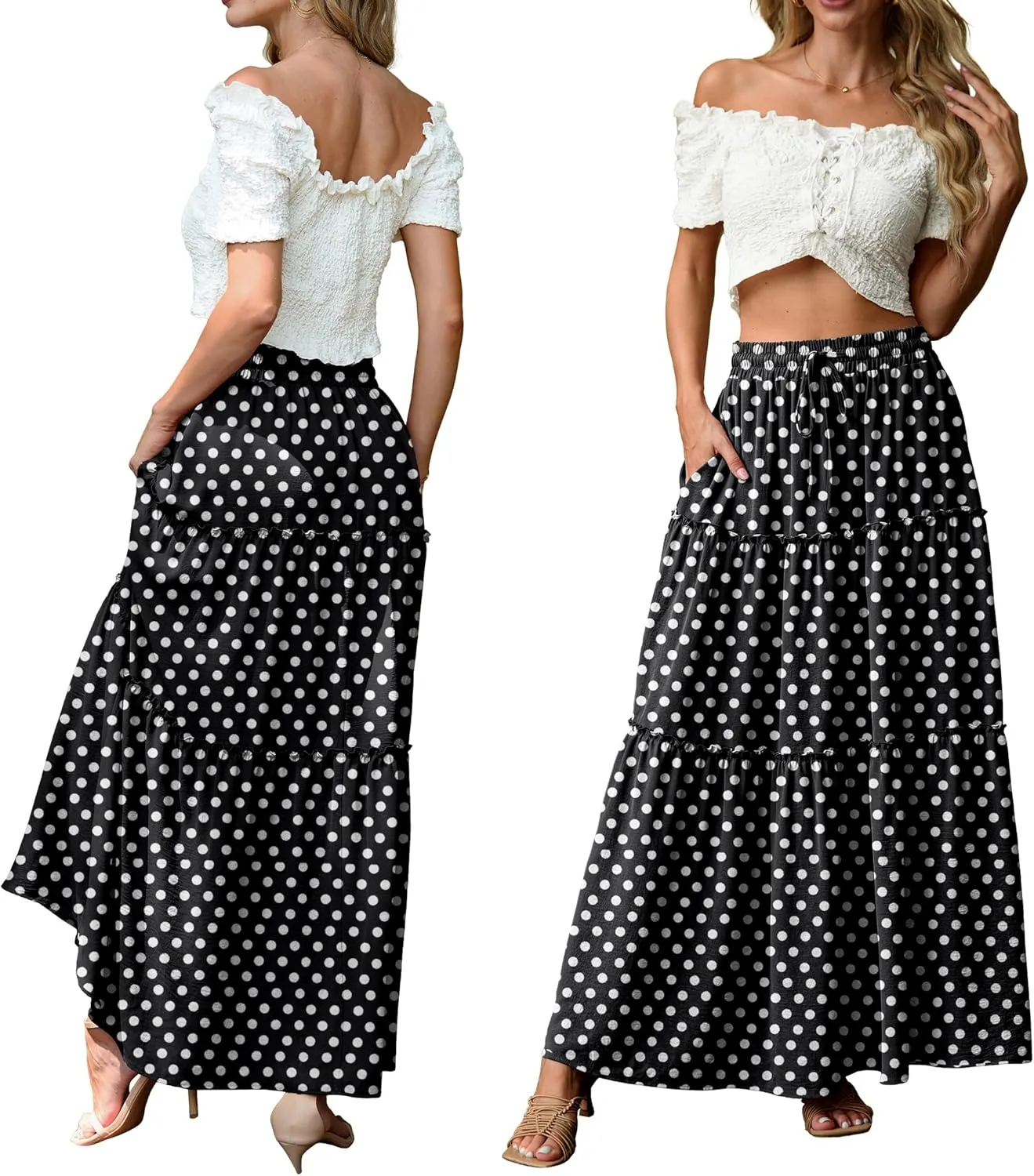 Lepunuo Womens Casual Boho High Waisted Flowy Maxi Skirts Trendy Floral Cute Long Skirts with Pockets