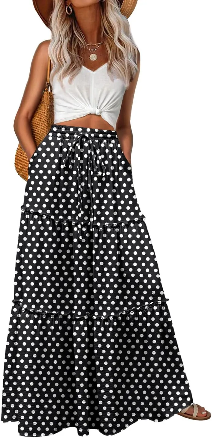 Lepunuo Womens Casual Boho High Waisted Flowy Maxi Skirts Trendy Floral Cute Long Skirts with Pockets