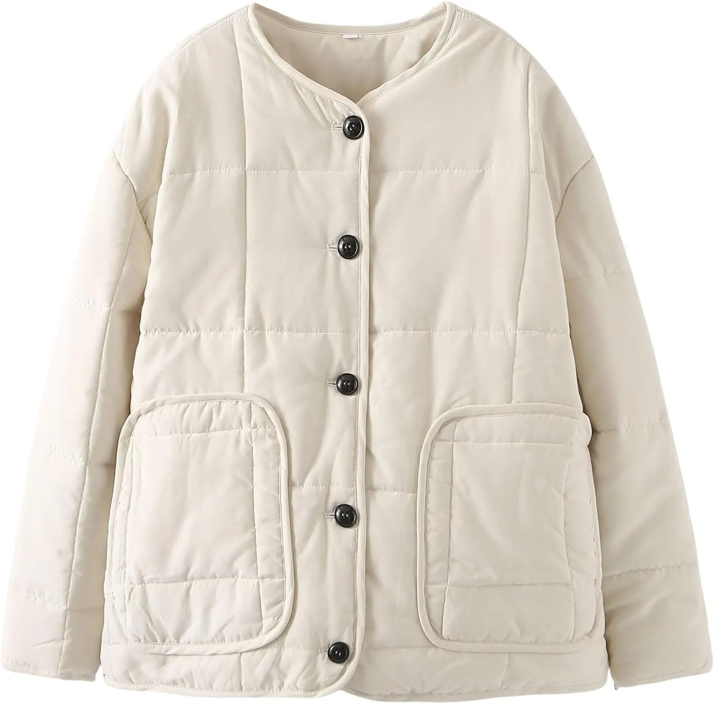 Lightweight Plus Size Puffer Jacket for Women Solid Button Down Round Neck Down Coats Outwear with Pockets