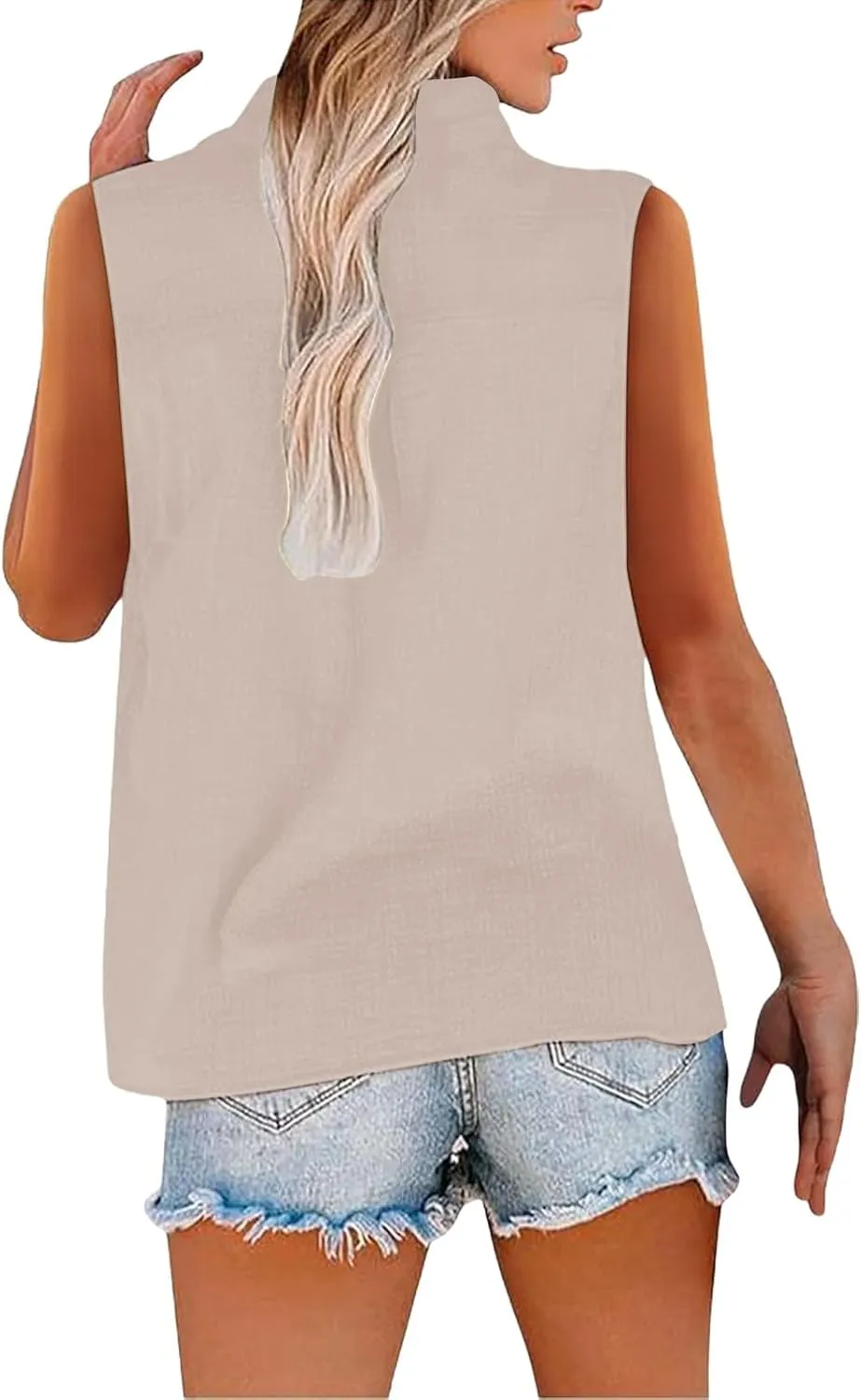 Linen Blend Tops for Women Button Down Sleeveless V Neck Plus Size Linen Shirts Summer Casual Trendy Work Blouses
