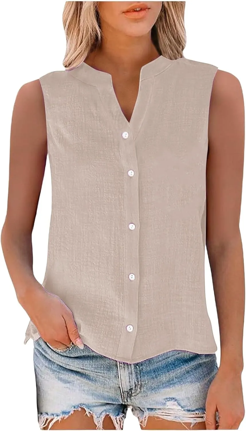 Linen Blend Tops for Women Button Down Sleeveless V Neck Plus Size Linen Shirts Summer Casual Trendy Work Blouses