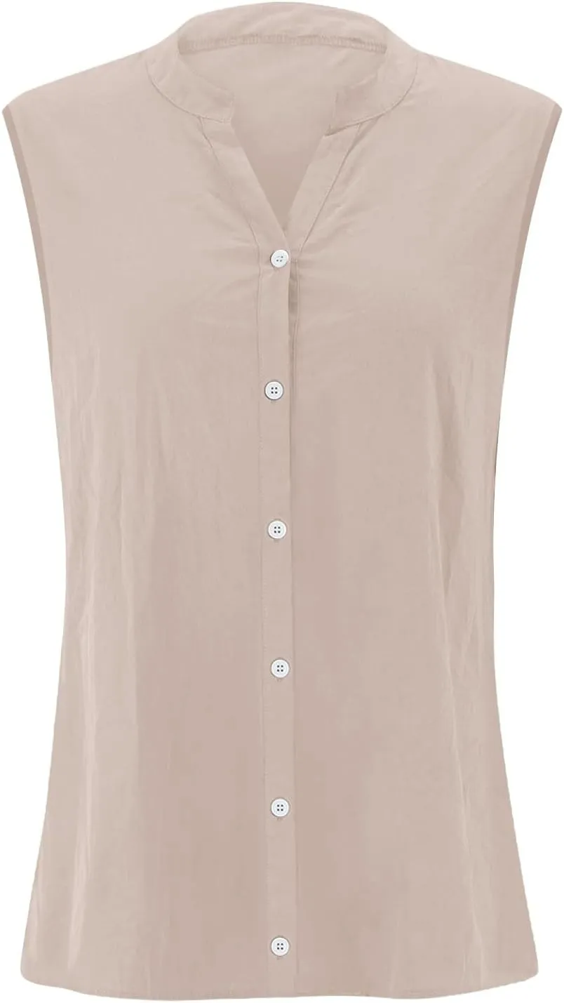 Linen Blend Tops for Women Button Down Sleeveless V Neck Plus Size Linen Shirts Summer Casual Trendy Work Blouses