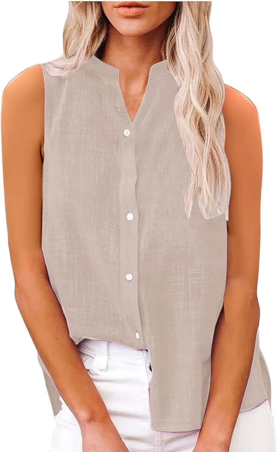 Linen Blend Tops for Women Button Down Sleeveless V Neck Plus Size Linen Shirts Summer Casual Trendy Work Blouses