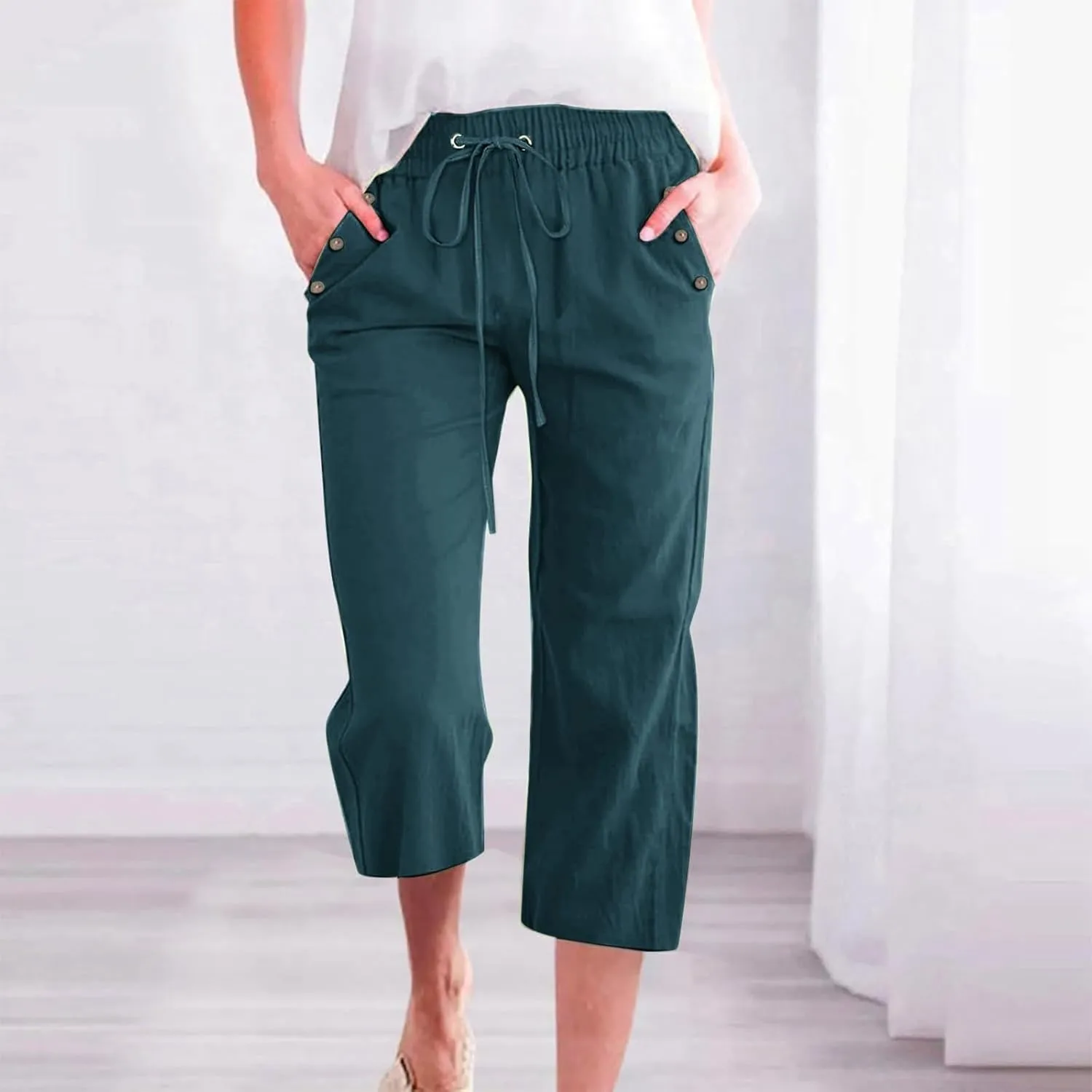 Linen Capri Pants for Women Casual 2025 Summer Beach Cropped Pant Drawstring High Waist Wide Leg Trousers with Pocket