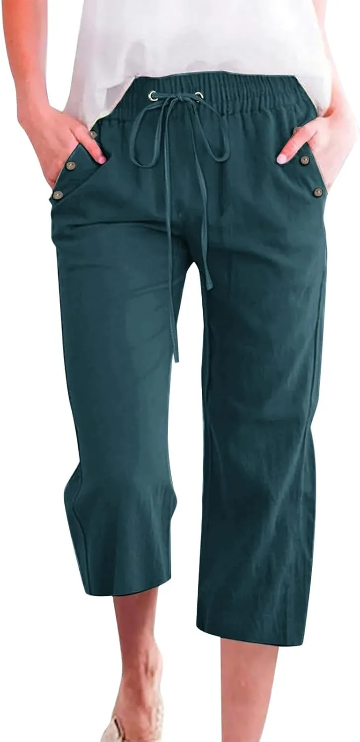 Linen Capri Pants for Women Casual 2025 Summer Beach Cropped Pant Drawstring High Waist Wide Leg Trousers with Pocket