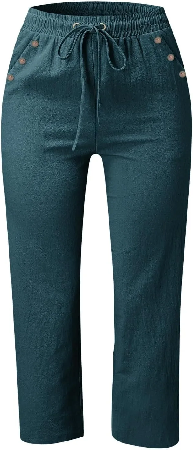 Linen Capri Pants for Women Casual 2025 Summer Beach Cropped Pant Drawstring High Waist Wide Leg Trousers with Pocket