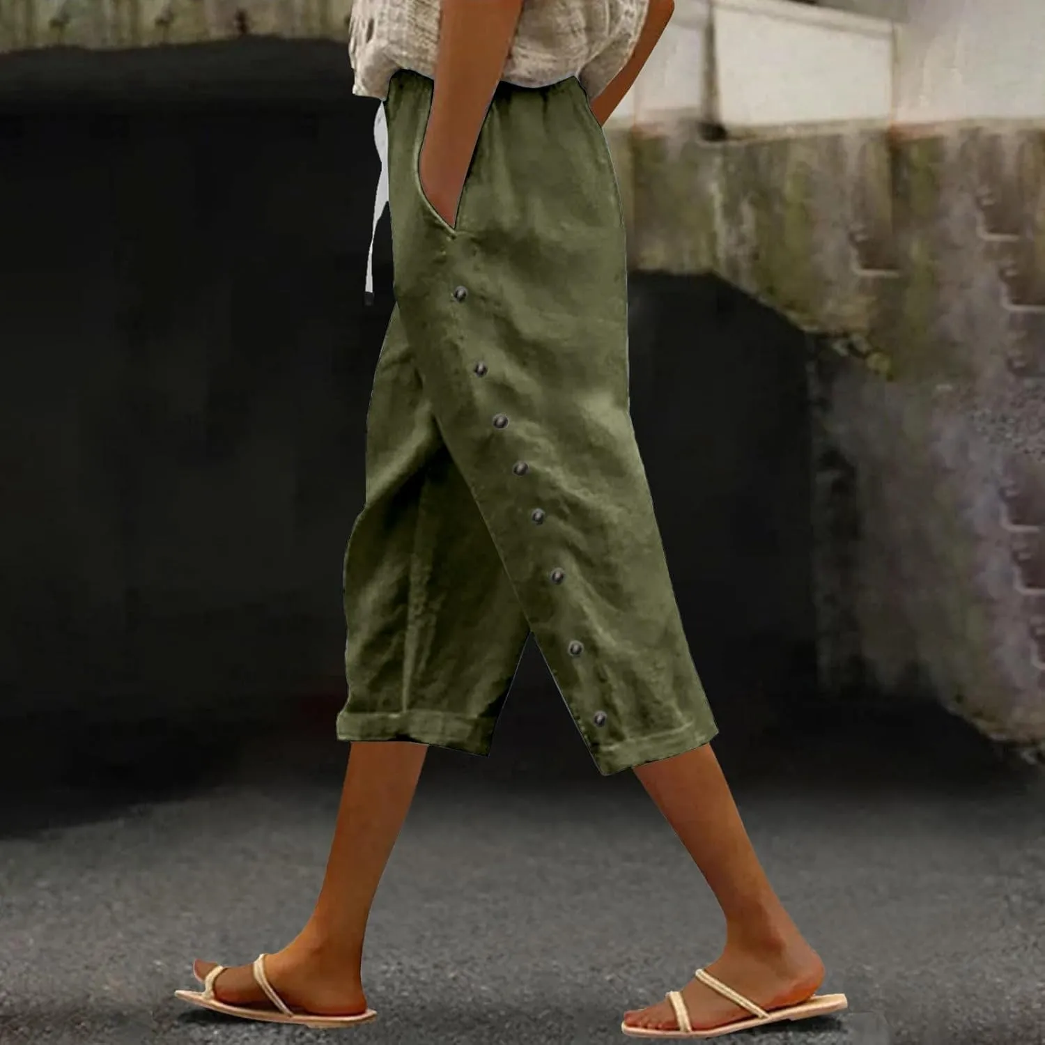Linen Capri Pants for Women Casual Summer Lightweight Capris High Waist Drawstring Cropped Pants Side Button Trousers