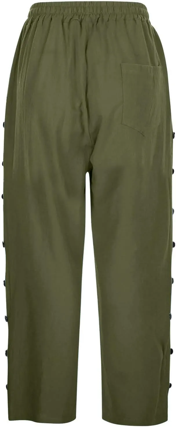 Linen Capri Pants for Women Casual Summer Lightweight Capris High Waist Drawstring Cropped Pants Side Button Trousers