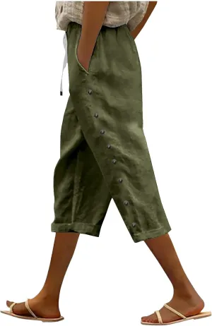 Linen Capri Pants for Women Casual Summer Lightweight Capris High Waist Drawstring Cropped Pants Side Button Trousers