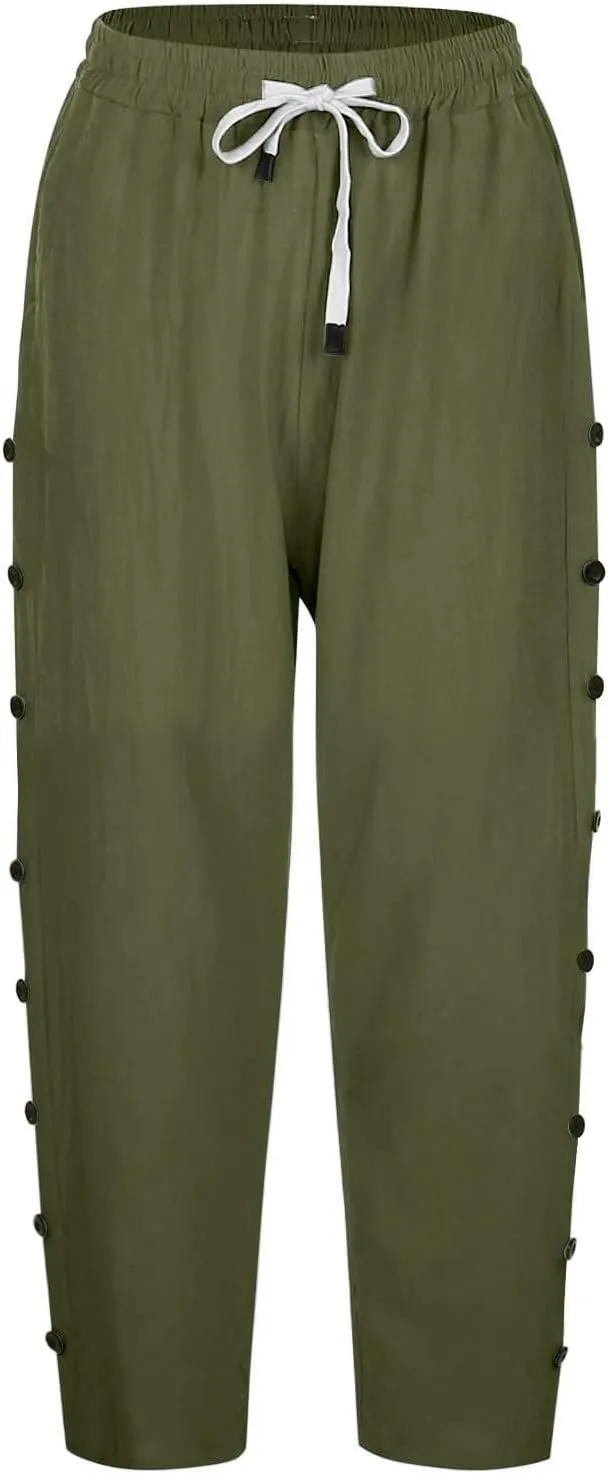 Linen Capri Pants for Women Casual Summer Lightweight Capris High Waist Drawstring Cropped Pants Side Button Trousers