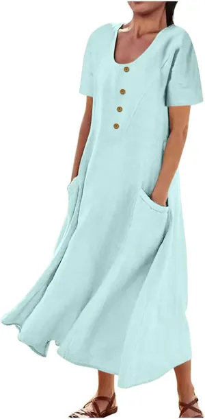 Linen Dress Women Long Short Sleeve Button Solid Cotton Flowy Dresses Plus Size Loose Comfy Maxi Dress with Pockets