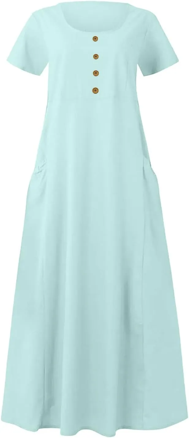 Linen Dress Women Long Short Sleeve Button Solid Cotton Flowy Dresses Plus Size Loose Comfy Maxi Dress with Pockets