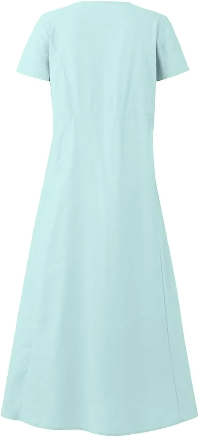 Linen Dress Women Long Short Sleeve Button Solid Cotton Flowy Dresses Plus Size Loose Comfy Maxi Dress with Pockets