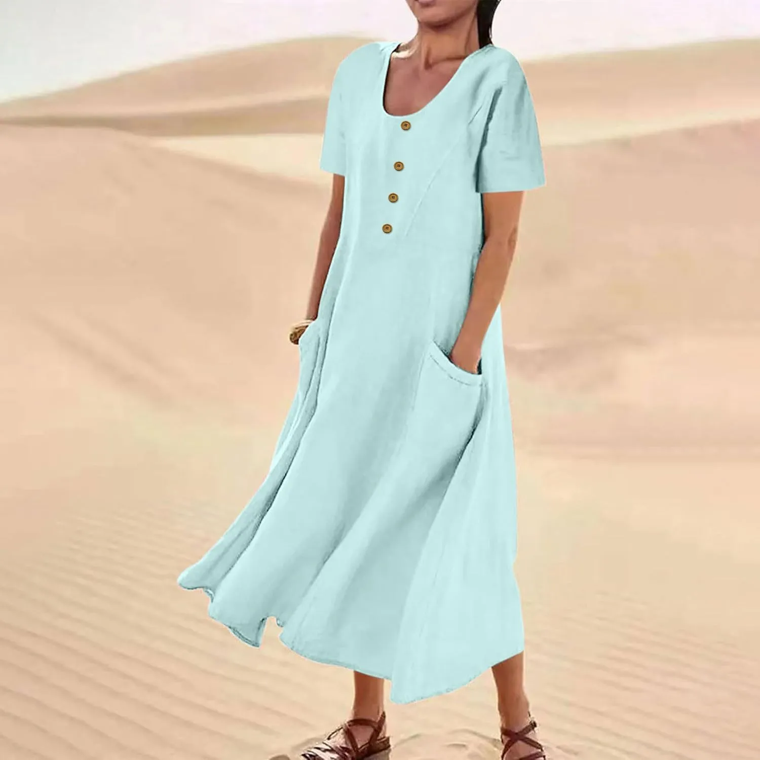 Linen Dress Women Long Short Sleeve Button Solid Cotton Flowy Dresses Plus Size Loose Comfy Maxi Dress with Pockets