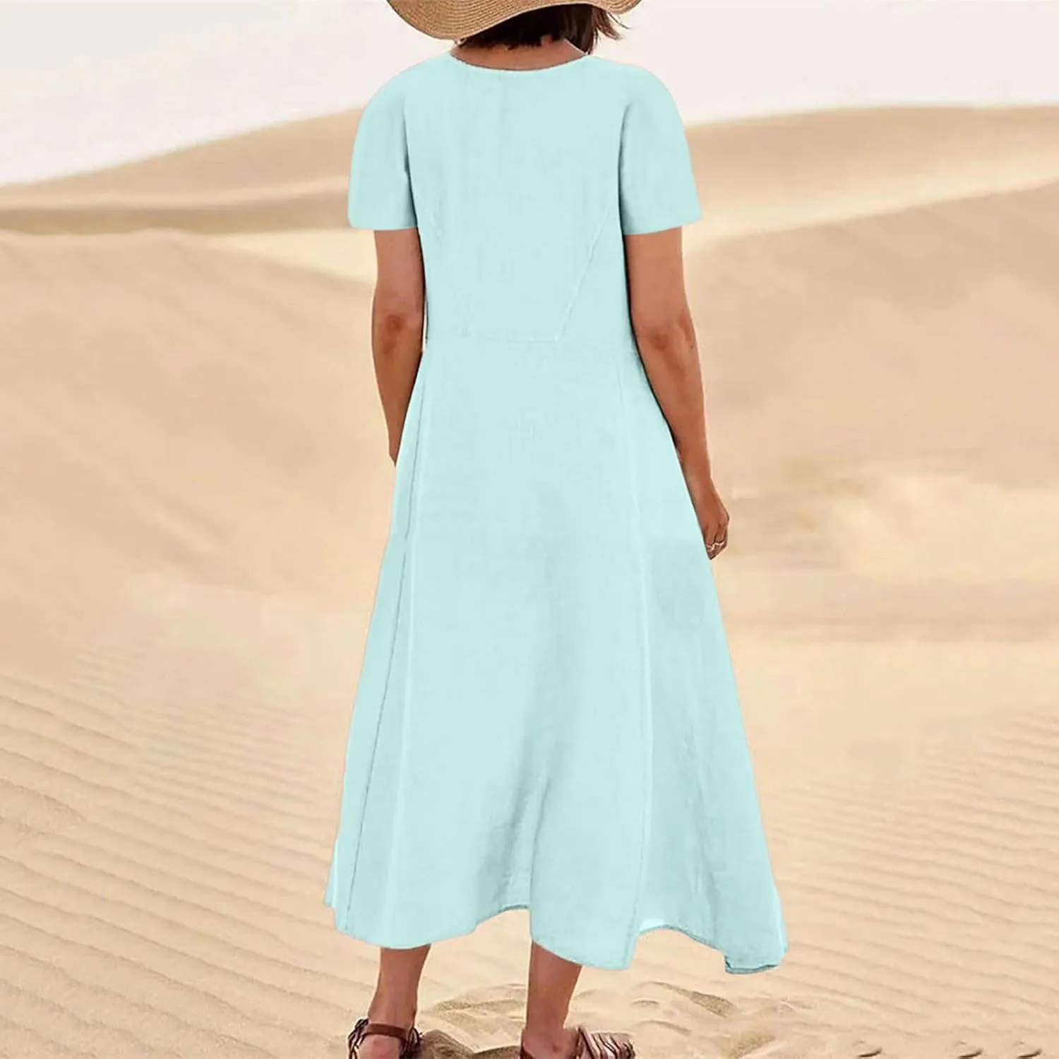 Linen Dress Women Long Short Sleeve Button Solid Cotton Flowy Dresses Plus Size Loose Comfy Maxi Dress with Pockets