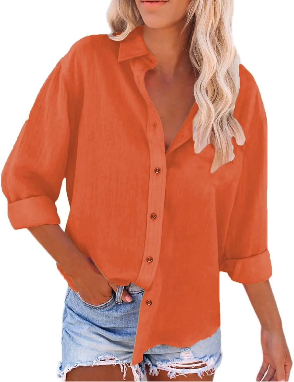 Linen Outfits Women Summer Solid Color Shirt Long Sleeve Down Shirt Loose Fit Vacation Beach Workwear Tops V Neck