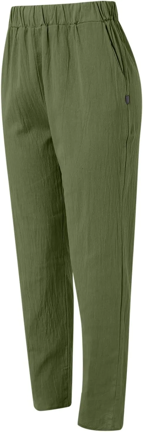 Linen Pants for Women 2025 High Waisted Wide Leg Lounge Beach Pant Summer Trendy Elastic Waist Pull On Gauze Trousers