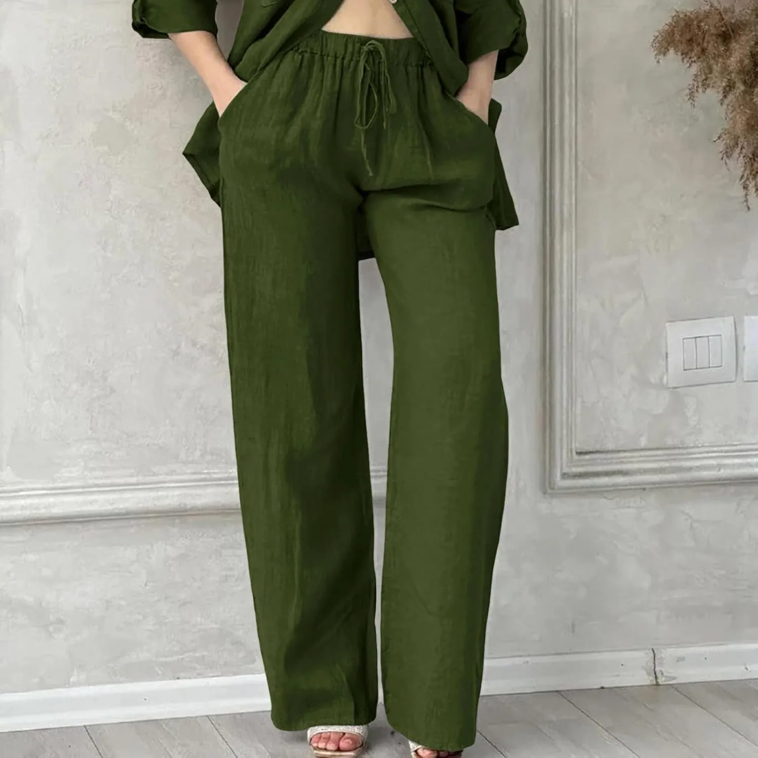 Linen Pants for Women 2025 Summmer Straight Leg Lounge Beach Pant High Waisted Elastic Drawstring with Pockets