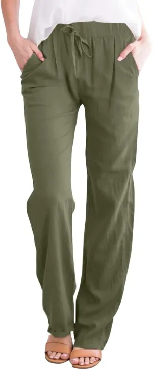 Linen Pants for Women Summer 2024 High Waist Drawstring Loose Fit Straight Leg Lounge Trouser with Side Pockets
