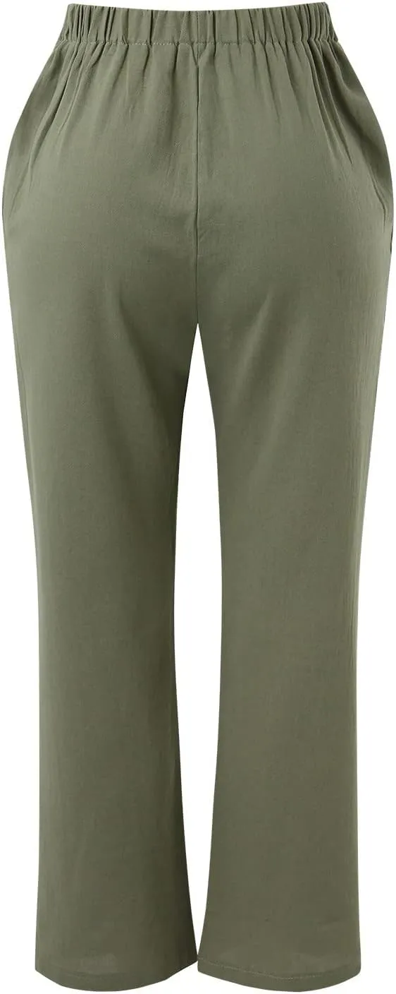 Linen Pants for Women Summer 2024 High Waist Drawstring Loose Fit Straight Leg Lounge Trouser with Side Pockets