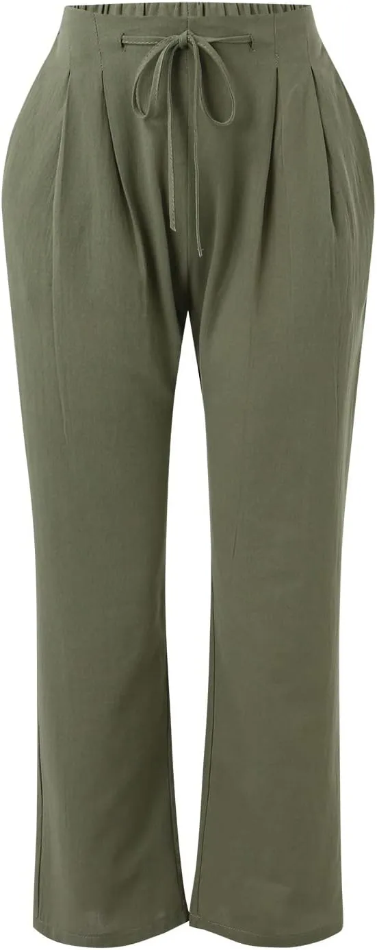 Linen Pants for Women Summer 2024 High Waist Drawstring Loose Fit Straight Leg Lounge Trouser with Side Pockets