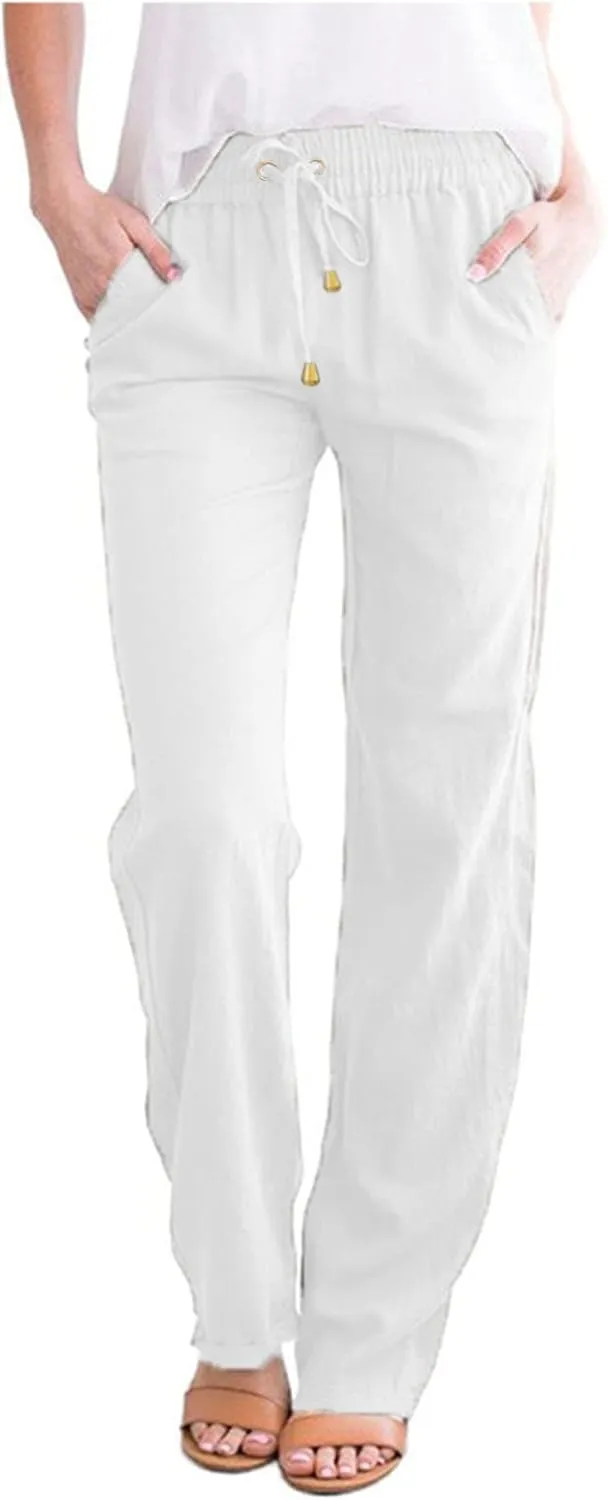 Linen Pants for Women Summer Casual High Waisted Lounge Pant Loose Comfy Breathable Drawstring Pant with Side Pockets