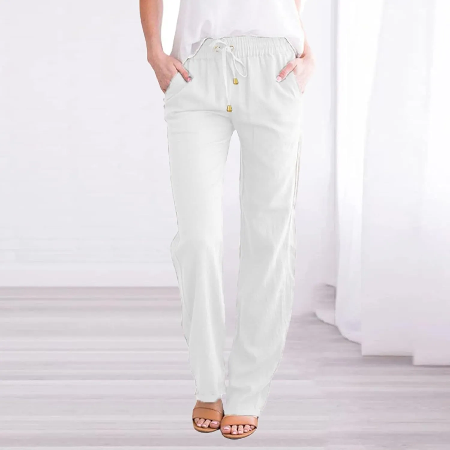 Linen Pants for Women Summer Casual High Waisted Lounge Pant Loose Comfy Breathable Drawstring Pant with Side Pockets