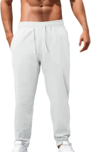 Linen Pants Men Casual Pants Loose Fit Trousers Elastic Waist Lightweight Pants Summer Yoga Beach Long Pants with Pockets