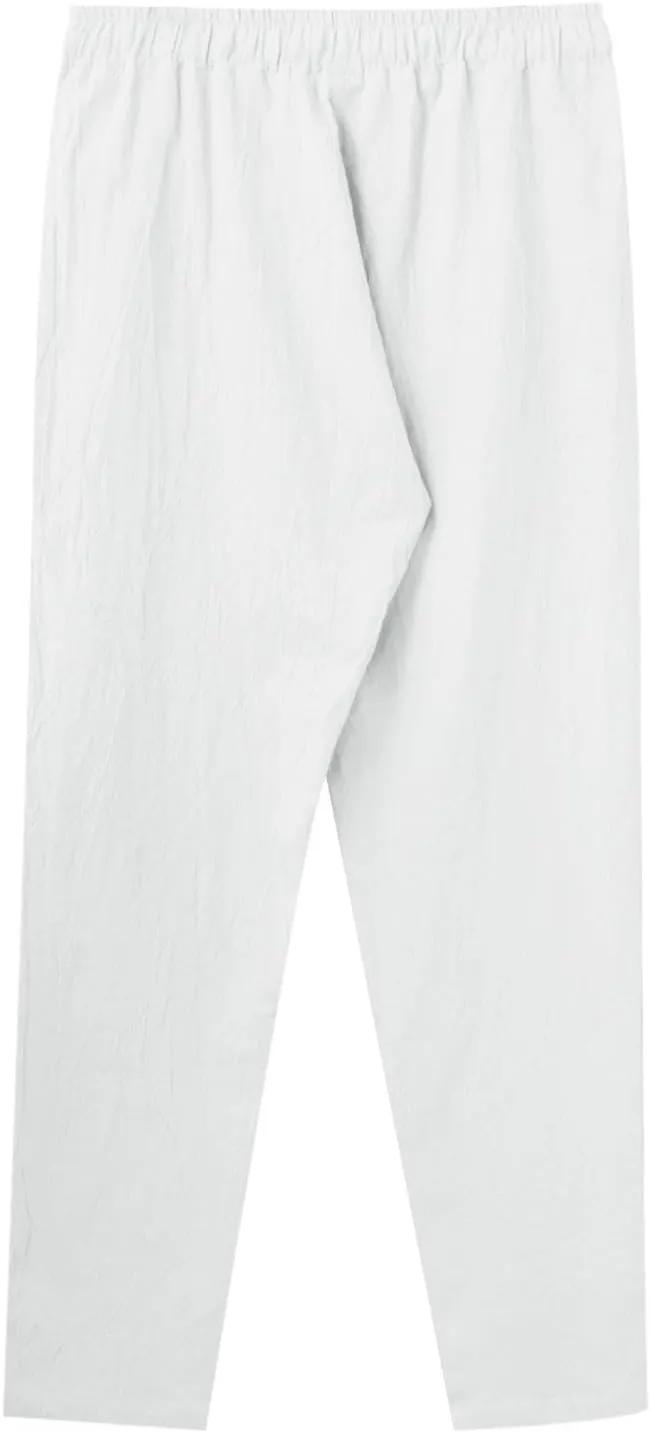 Linen Pants Men Casual Pants Loose Fit Trousers Elastic Waist Lightweight Pants Summer Yoga Beach Long Pants with Pockets