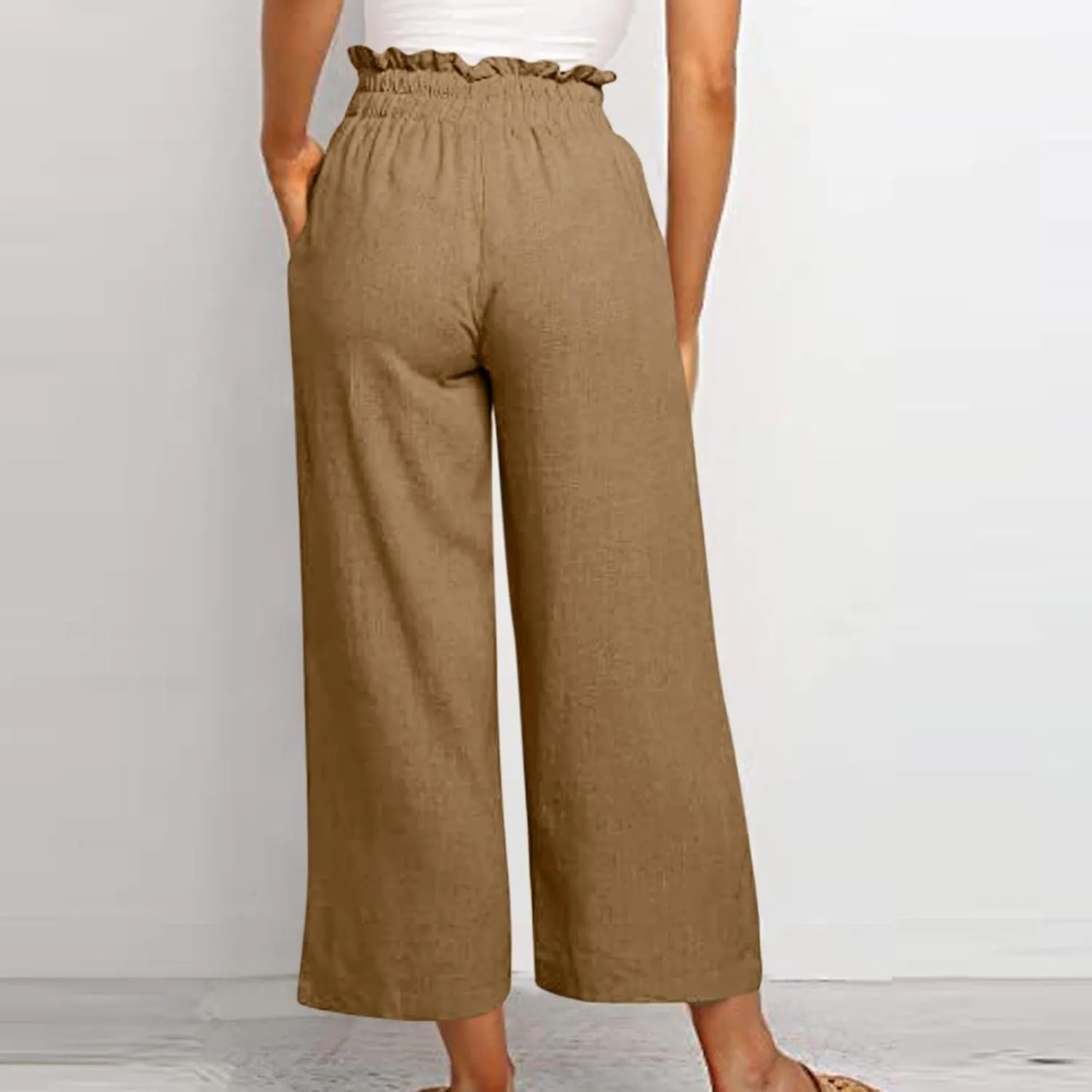 Linen Pants Women Casual High Waist Drawstring Straight Wide Leg Pants Boho Cropped Baggy Palazzo Pant 2025