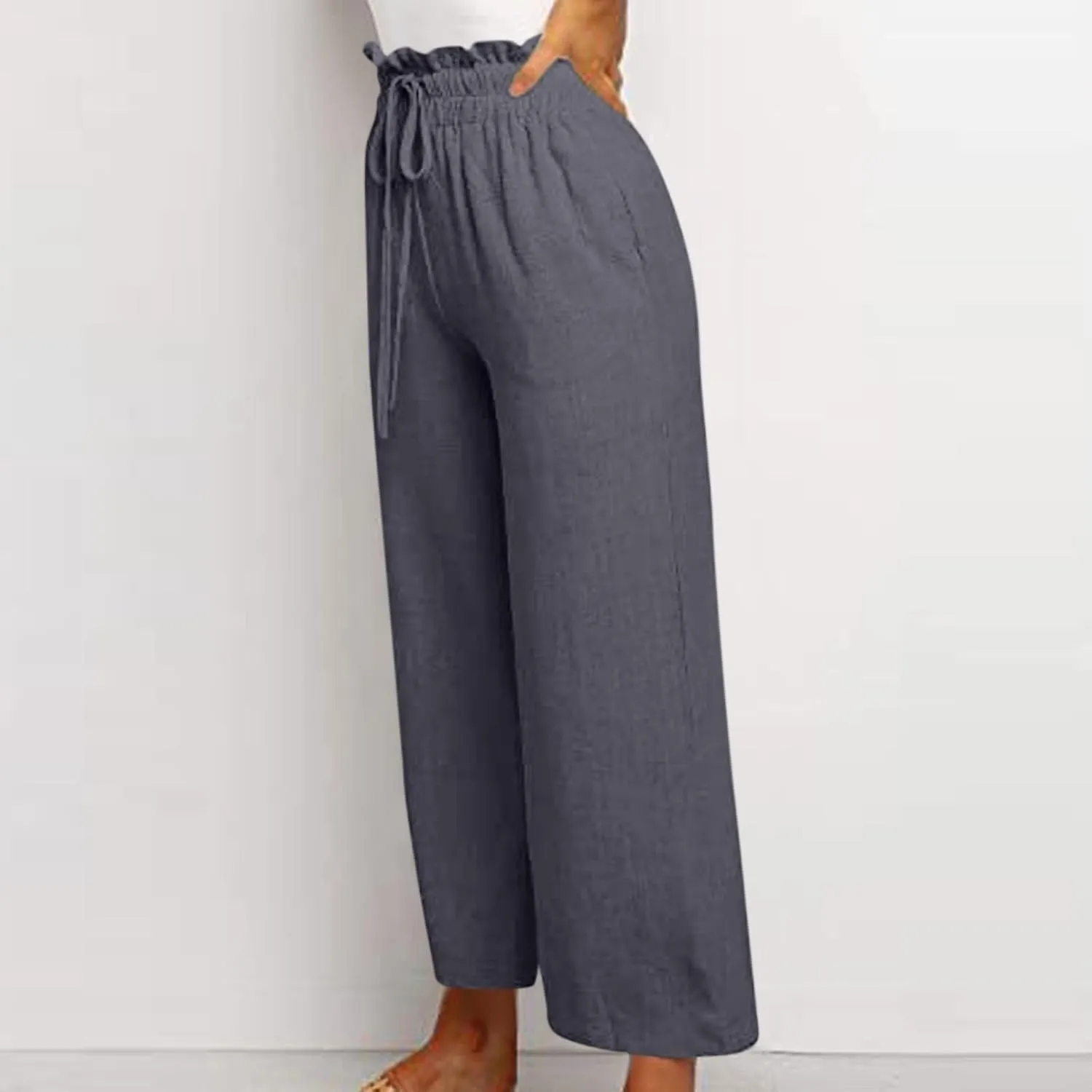 Linen Pants Women Casual High Waist Drawstring Straight Wide Leg Pants Boho Cropped Baggy Palazzo Pant 2025