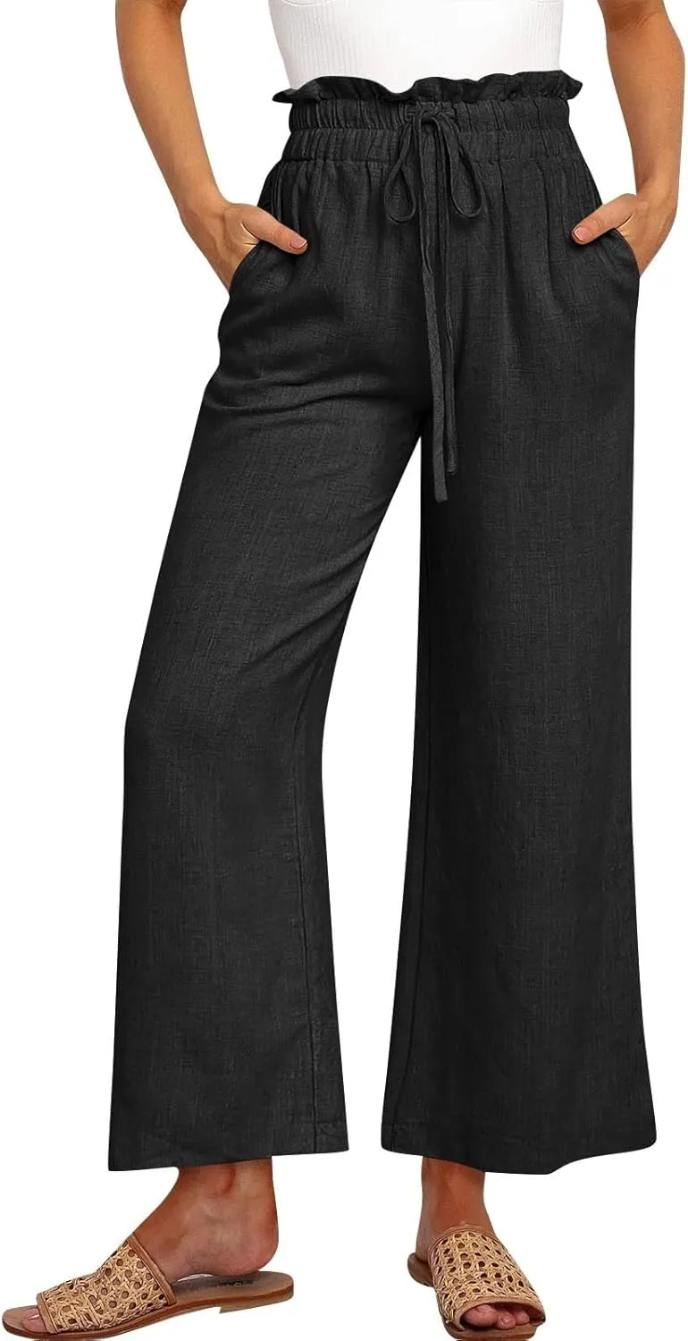 Linen Pants Women Casual High Waist Drawstring Straight Wide Leg Pants Boho Cropped Baggy Palazzo Pant 2025