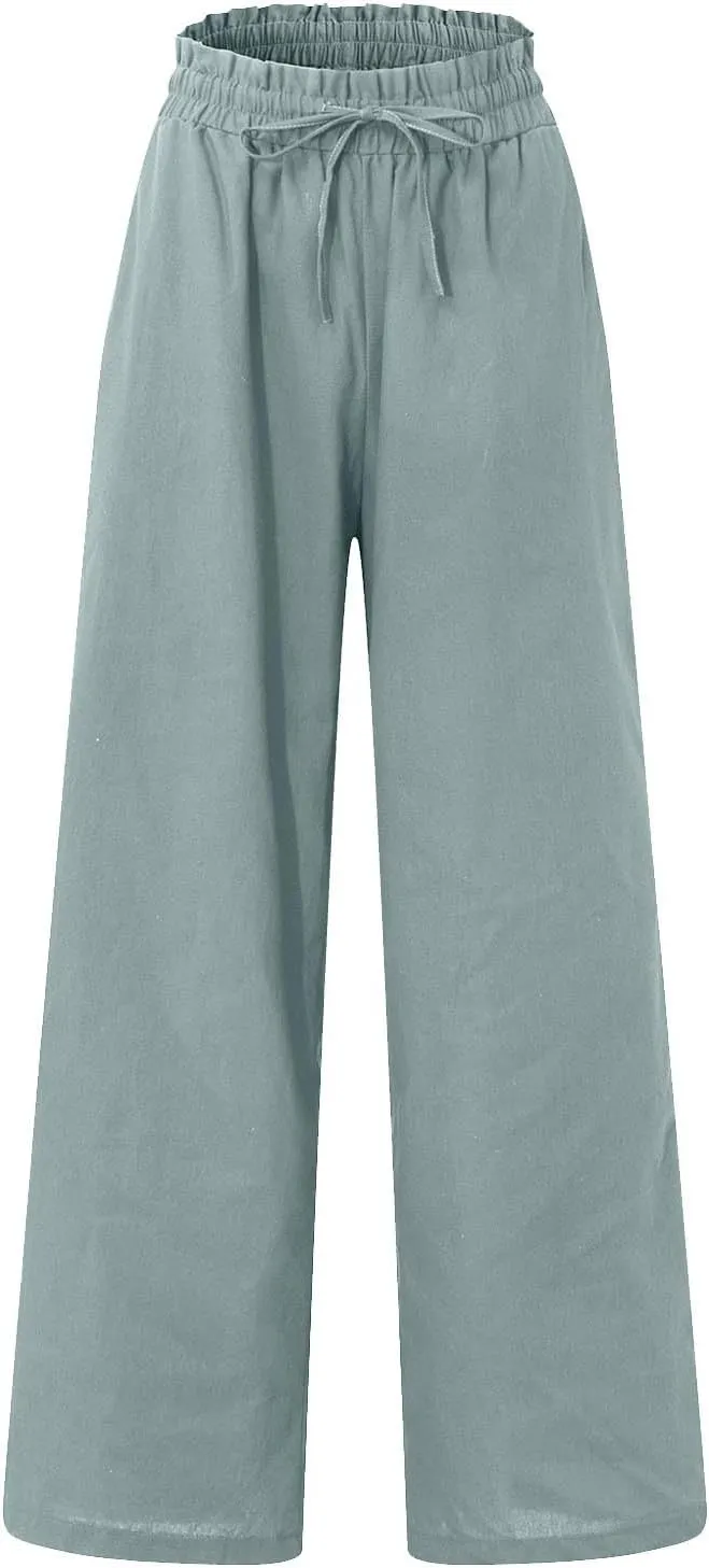 Linen Pants Women Casual High Waist Drawstring Straight Wide Leg Pants Boho Cropped Baggy Palazzo Pant 2025